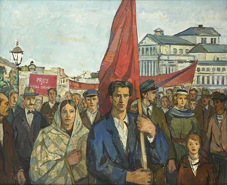 Obraz. Technika: olej na płótnie. Demonstracja przeciw wojnie ze Związkiem Radzieckim. Franciszek Barącz, około 1955 roku. Na pierwszym planie kobieta w chuście okrywającej głowę i ramiona oraz mężczyzna trzymający drzewiec z czerwoną flagą, ujęci do pasa. W tle grupa ludzi trzymająca transparenty.