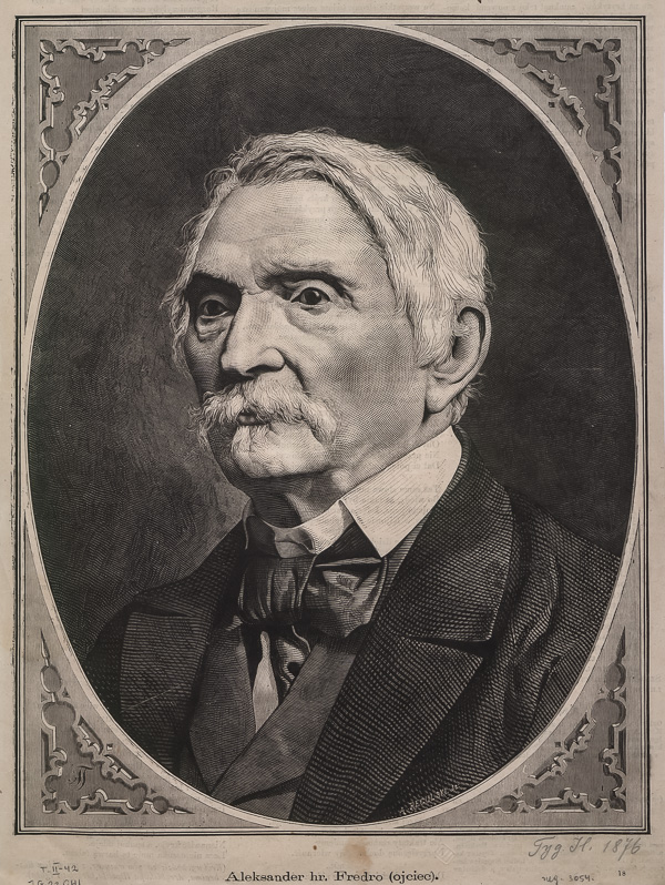 Aleksander Regulski, Portret Aleksandra hr. Fredry, domena publiczna. Portret Aleksandra Fredry, drzeworyt Aleksandra Regulskiego. Fotografia przedstawia pana w starszym wieku zwróconego w prawą stronę. Mężczyzna ma siwe włosy zaczesane na prawy bok oraz wąsy. Ubrany jest w ciemną marynarkę i kamizelkę oraz w jasną koszulę. Pod szyją ma wywiązany fular także w ciemnym kolorze. Fotografia oprawiona w owalną ramkę ze zdobieniami w czterech rogach. Na dole napis Aleksander hr. Fredro w nawiasie ojciec.