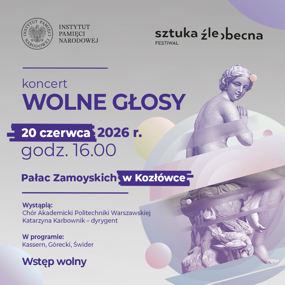 Tło jest jasnoszare, delikatnie cieniowane. W górnej części grafiki, po lewej stronie, znajduje się znak Instytutu Pamięci Narodowej, a po prawej logo festiwalu „Sztuka Źle Obecna”.
Po lewej stronie umieszczono najważniejsze informacje o wydarzeniu. Widnieje tam napis: koncert „Wolne głosy”. Tytuł zapisano dużymi, fioletowymi literami. Poniżej znajduje się data: „20 czerwca 2026 r.” oraz godzina: „16.00”. Niżej podano miejsce koncertu: „Pałac Zamoyskich w Kozłówce”.
W dolnej części grafiki zapisano informacje o wykonawcach: wystąpi Chór Akademicki Politechniki Warszawskiej pod dyrekcją Katarzyny Karbownik. W programie znajdą się utwory Tadeusza Kasserna, Henryka Mikołaja Góreckiego i Józefa Świdra. Na dole widnieje napis: „Wstęp wolny”.

Prawą stronę grafiki zajmuje stylizowana postać antycznej rzeźby kobiecej, przedstawiona w odcieniach fioletu i szarości. Postać jest lekko odwrócona, z jedną ręką uniesioną przy piersi. Wokół niej znajdują się półprzezroczyste, abstrakcyjne formy: szerokie łuki, pasy i kule w pastelowych kolorach. Całość łączy motyw klasycznej sztuki z nowoczesną oprawą graficzną.