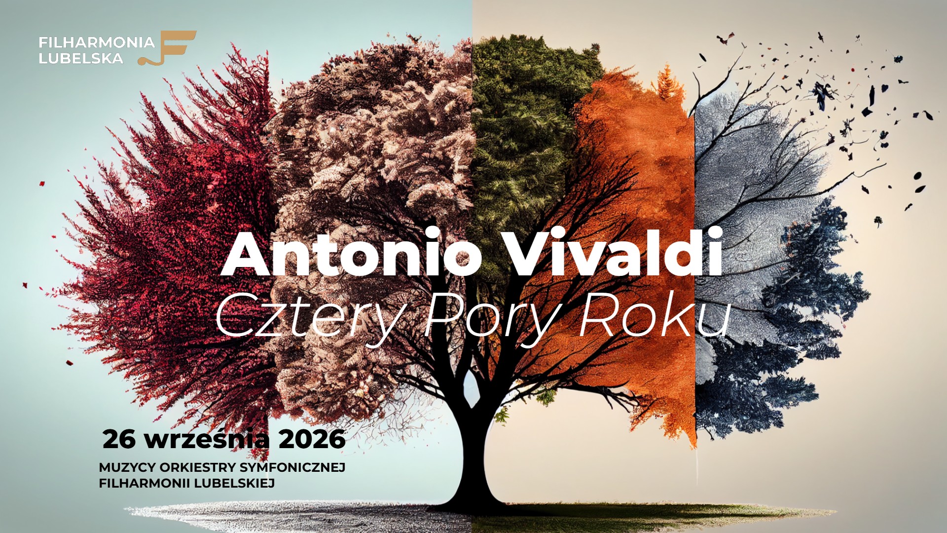 Grafika przedstawia drzewo podzielone na 5 kolorów symbolizujących pory roku. Na środku znajduje się duży biały napis „Antonio Vivaldi” i pod spodem mniejszy „Cztery Pory Roku”. Na dole w lewym rogu czarny napis: 26 września 2026, muzycy Orkiestry Symfonicznej Filharmonii Lubelskiej. W lewym górnym rogu logo Filharmonii Lubelskiej.